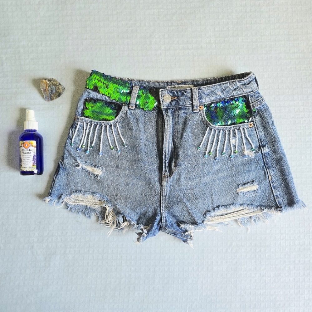 custom sequin + beaded denim shorts // y2k garage festival size 5/27
